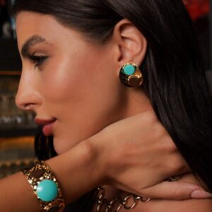 Earring and Bracelet - Turquoise - Gold Plated Set